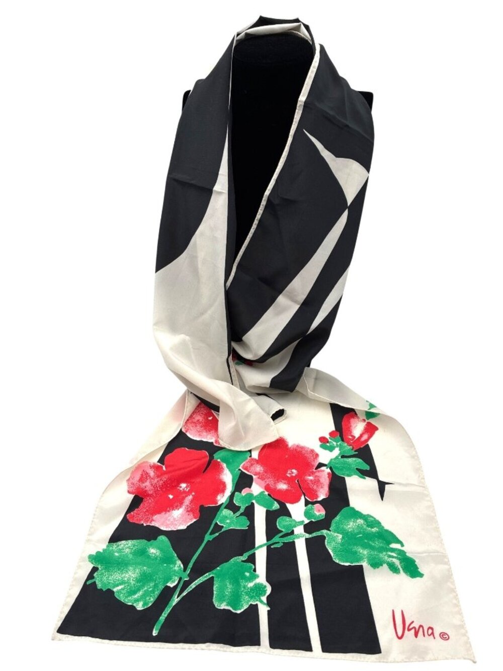 Vintage Vera Neumann Oblong Scarf Red Flowers Black White Cranes Made In Japan